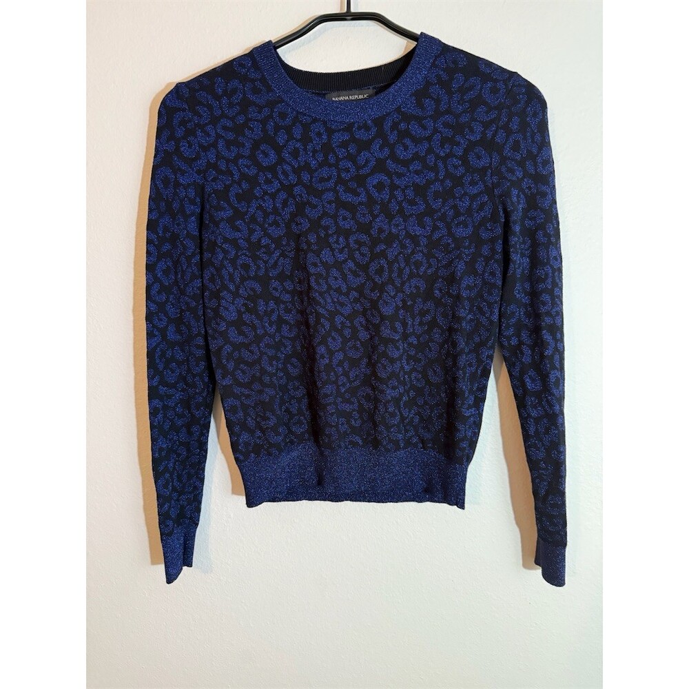 Banana Republic Sweater Womens Size S Blue Black Leopard Metallic Crew